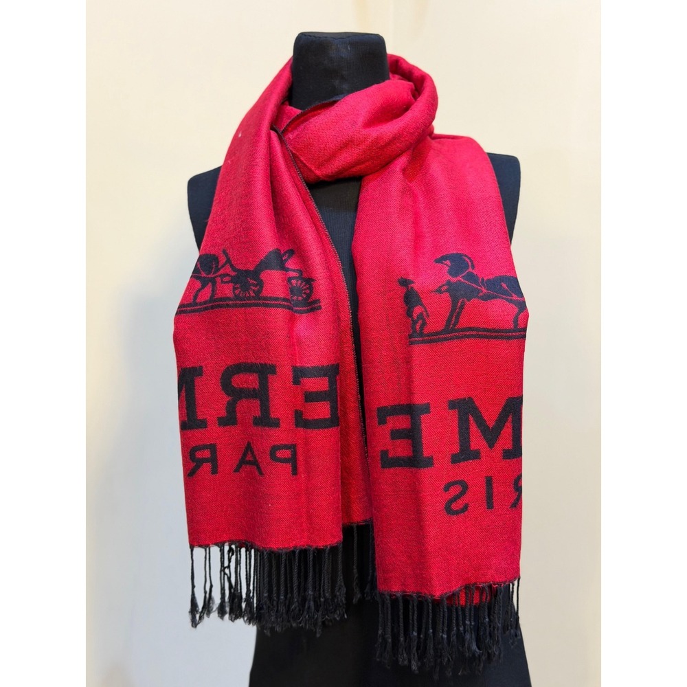 Hermes Paris Scarf Red Black Horse Carriage Logo Fringed Shawl Made in France